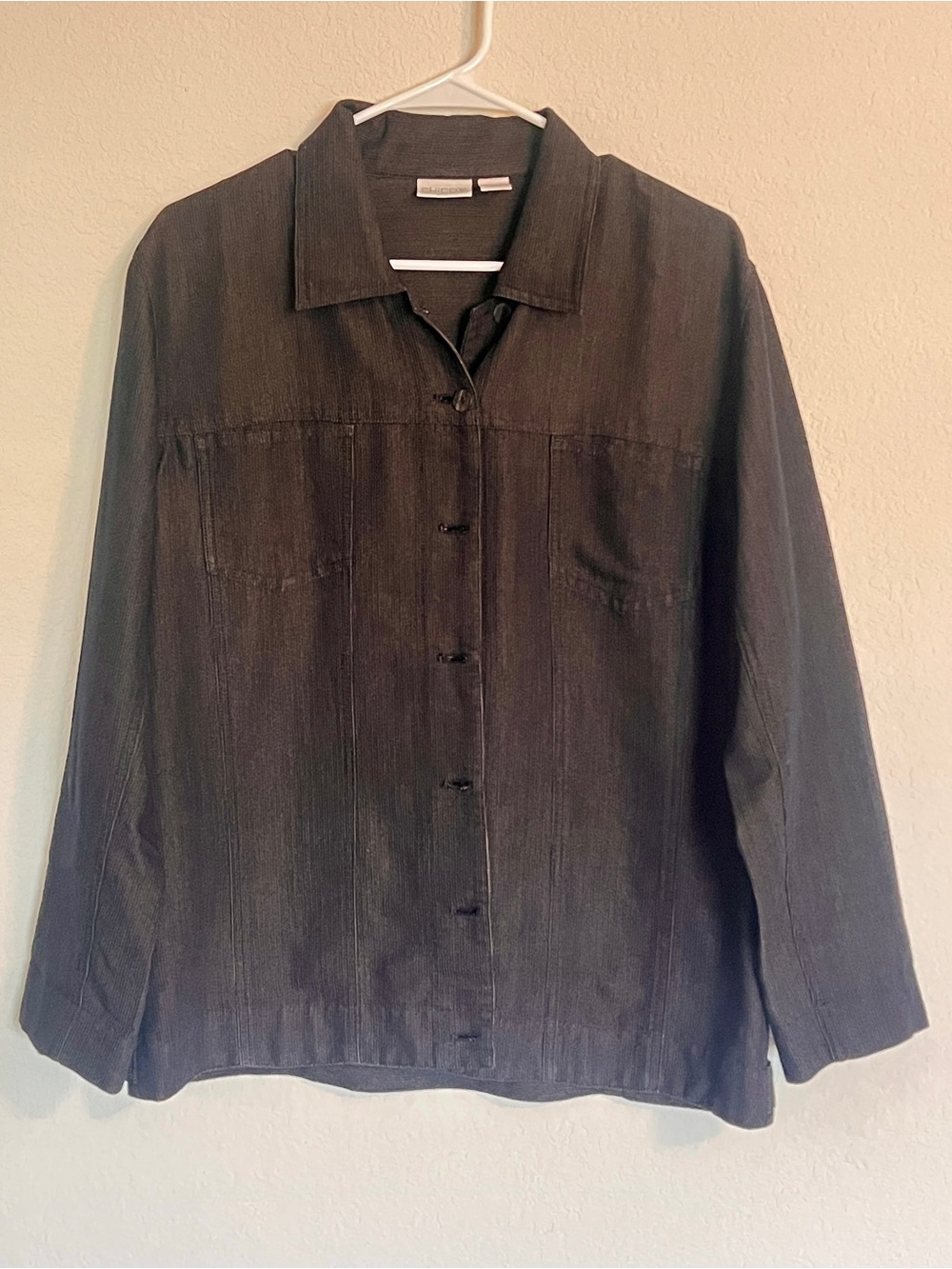 Chico’s Size 1 Shacket Black Gold Beige Pinstripe Shirt Jacket Ladies Size 8-10